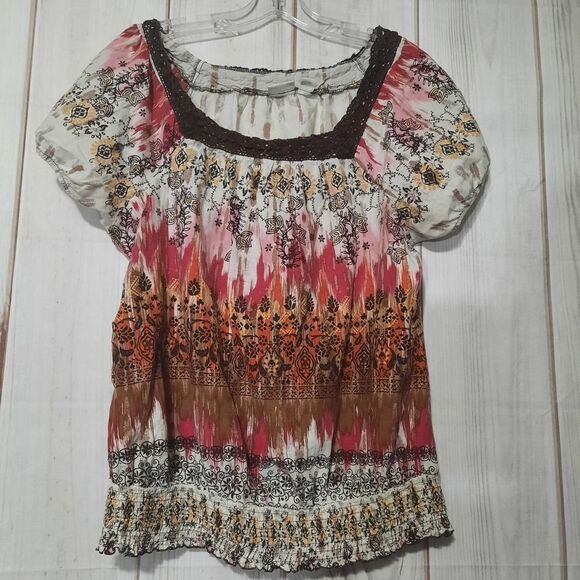 Boho Floral Print Top Brown Crochet Trim Neckline Short Sleeve Blouse - Picture 1 of 8
